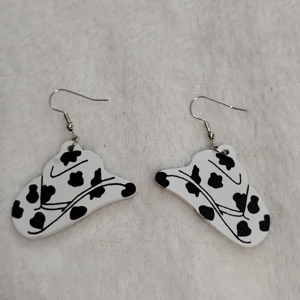 Women's Black & White Cow Print Cowboy Hat Wooden Earrings